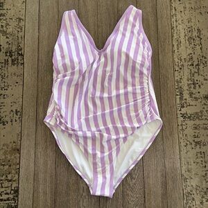 Kona Sol Striped V-Neck Over the Shoulder High-Leg One-Piece Swimsuit